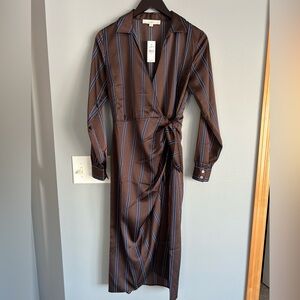 LOFT Brown and Blue Striped Long Sleeve Dress